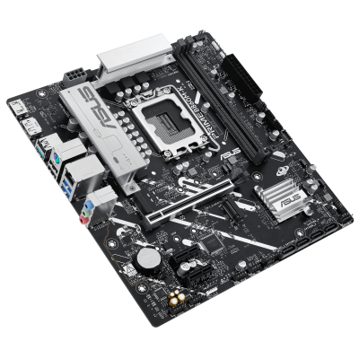 Placa-mãe ASUS PRIME B560M-K preta com dissipadores cinza e várias conexões