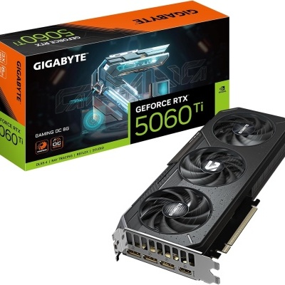 Placa gráfica Gigabyte GeForce RTX 5060 Ti Gaming OC 8G com três ventoinhas e embalagem colorida