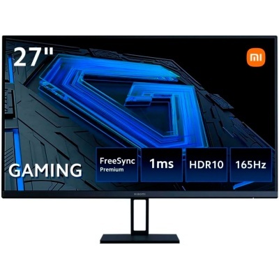 Monitor gaming Xiaomi preto 27 com textos técnicos e logótipo mi