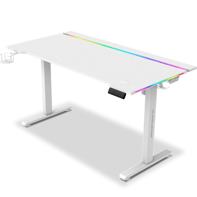 Mesa de gaming branca com iluminação RGB e suporte para copos