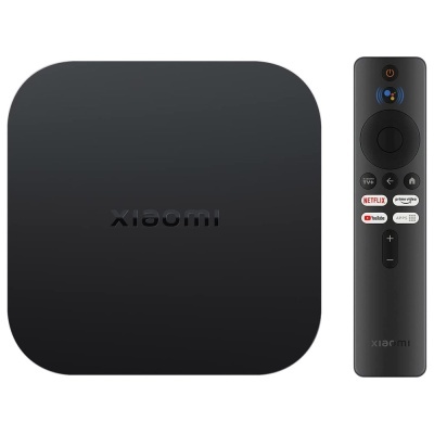Decodificador de streaming preto Xiaomi com comando remoto cinza escuro