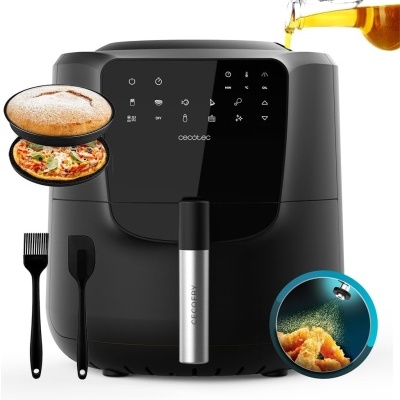 Air fryer preta Cecotec com painel táctil e acessórios
