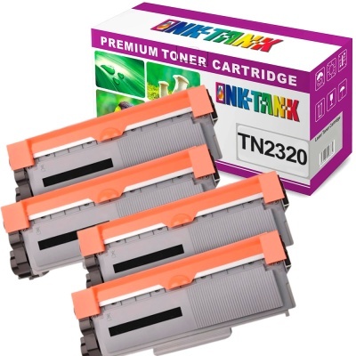 Tonners de impressora cinzentos com proteções laranja e embalagem tinta-pote TN2320