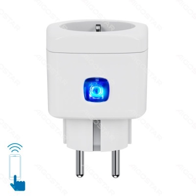 Tomada elétrica branca com luz azul e plugue de dois pinos
