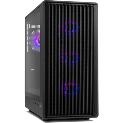 Computador de secretária preto com ventoinhas RGB iluminadas e estrutura em vidro temperado