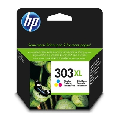 Caixa de tinta HP 303XL tri-color preta com texto verde e branco e imagem de flores e borboleta