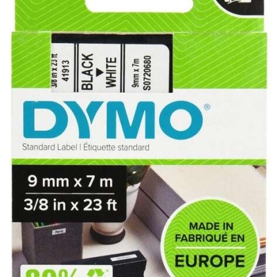 Embalagem de fita para etiquetadora DYMO verde e branca.