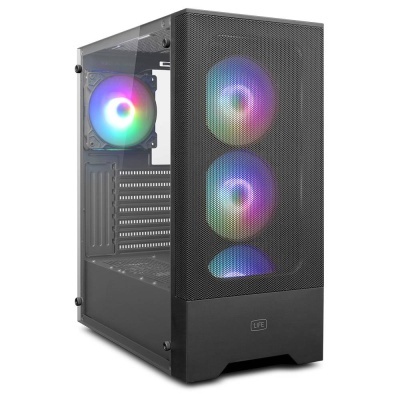 Caixa de computador preta com painel lateral em vidro e ventoinhas RGB