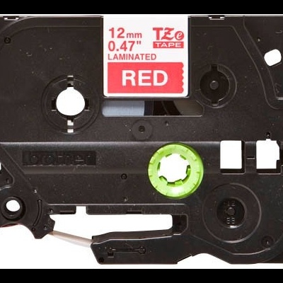 Fita de etiqueta laminada Brother TZ-Tape 12 mm vermelha com rolo interno verde em suporte preto