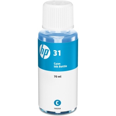Frasco de tinta HP 31 ciano 70 ml com rótulo azul e branco e tampa branca
