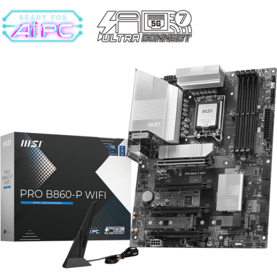 Placa-mãe MSI PRO B860-P WIFI preta com dissipadores metálicos e acessórios