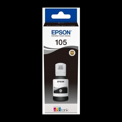 Frasco de tinta Epson 105 preta em embalagem com texto e etiquetas coloridas