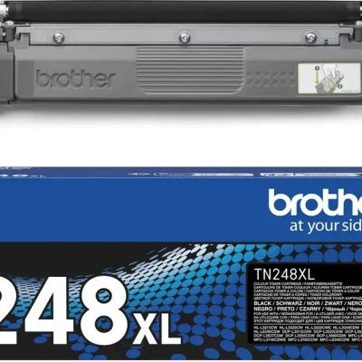 Cartucho de toner Brother TN248XL preto e embalagem azul e preta com texto