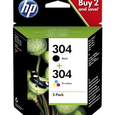 Embalagem de tinteiros HP 304 preto e tri-colour com imagem de plantas e borboleta