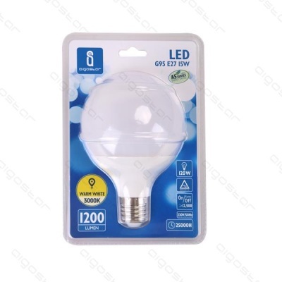 Lâmpada LED G95 E27 15W em embalagem de plástico transparente e fundo azul