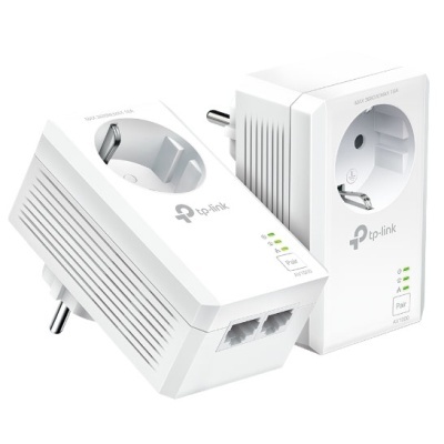Adaptadores de tomada TP-Link brancos com porta Ethernet e indicadores LED