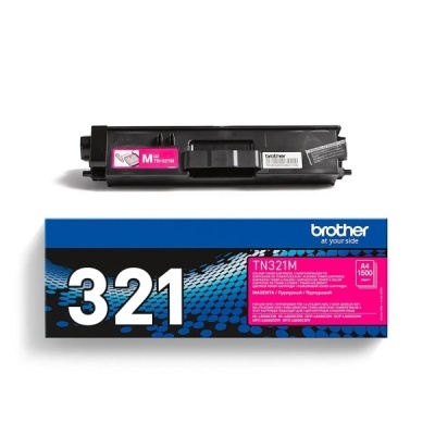 Cartucho de toner Brother TN321M magenta com embalagem preta, azul e rosa.