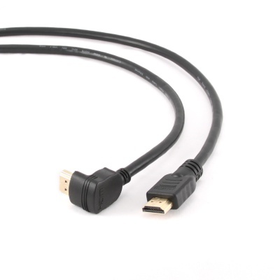 Cabo HDMI preto com conectores em ângulo e reto