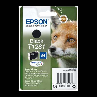 Embalagem de tinta Epson Black T1281 com imagem de uma raposa