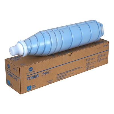 Cartucho de toner azul sobre caixa de cartão Konica Minolta