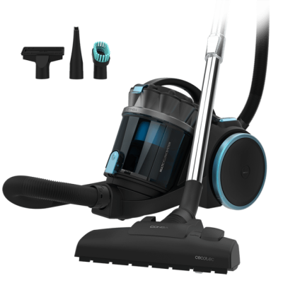 aspirador de pó preto e azul com acessórios