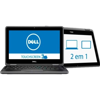 Portátil Dell preto com ecrã táctil e teclado aberto junto de ecrã em modo tablet com texto