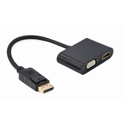 Adaptador preto com conector DisplayPort, VGA e HDMI