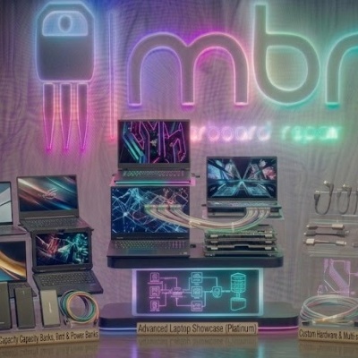 Produtos tecnológicos para reparação de motherboards exibidos em estante com iluminação e logotipo mbr
