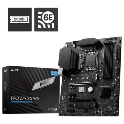 Motherboard preta MSI PRO Z790-S WIFI e caixa com texto e logótipos