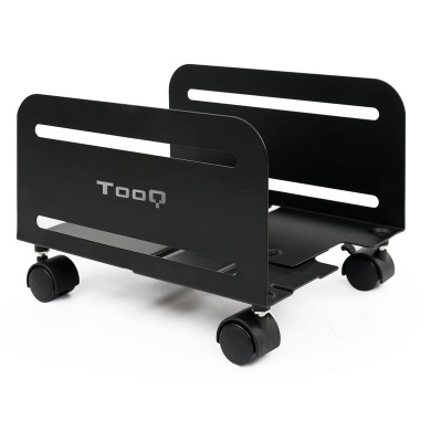 Suporte móvel preto para computador com rodas e logo TOOQ