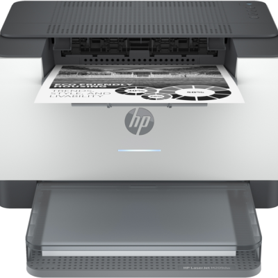 Impressora HP LaserJet M209dw a imprimir documento com gráficos e texto em preto e branco