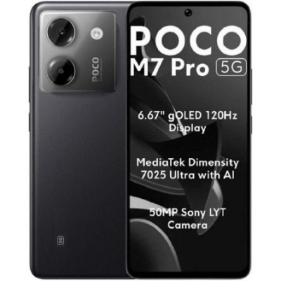Smartphone POCO M7 Pro 5G preto com texto sobre especificações no ecrã