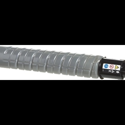 Cartucho de toner cinza para impressora com etiqueta preta e símbolos de aviso
