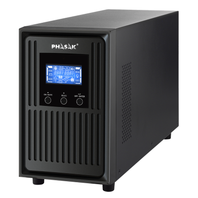 Nobreak preto Phasak com ecrã digital e botões frontais