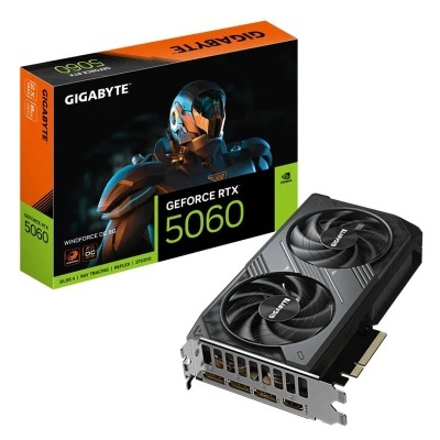 Placa gráfica Gigabyte GeForce RTX 5060 com ventoinhas e caixa colorida