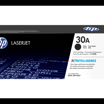 Caixa de toner HP LaserJet 30A CF230A preta e branca com detalhes em azul