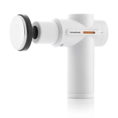 Massageador corporal elétrico branco InnovaGoods com superfície metálica circular e detalhe laranja