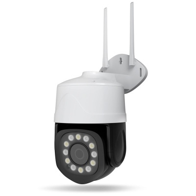 Câmara de vigilância exterior branca e preta com LEDs em círculo