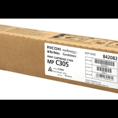 Embalagem de cartridge de impressão cyan da Ricoh em papelão castanho