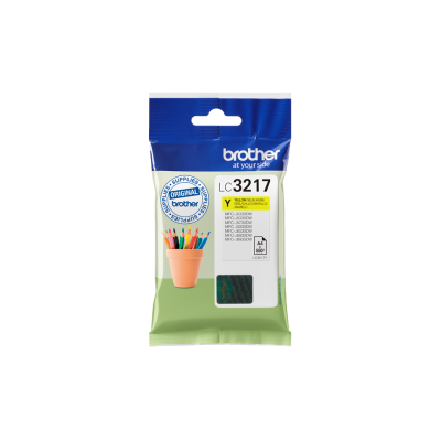 Embalagem de recarga de tinta Brother LC3217 amarela com fundo verde claro e parte superior azul