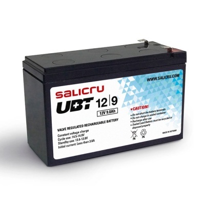 Bateria recarregável preta Salicru UBT 12V 9.0Ah com etiqueta branca azul