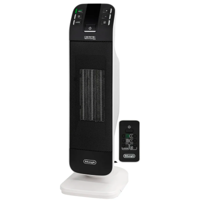 Aquecedor cerâmico DeLonghi preto e branco com comando remoto