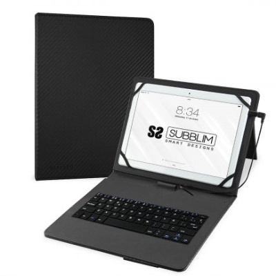 Capa preta para tablet com teclado e ecrã a mostrar SUBBLIM SMART DESIGNS