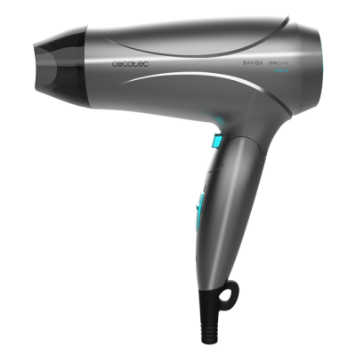 Secador de cabelo cinzento e preto com texto e detalhes azuis