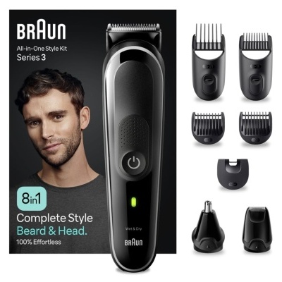 Kit de barbeador elétrico Braun preto com acessórios para barba e cabelo