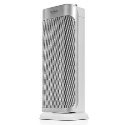 Aparelho branco retangular com grelha metálica frontal e base circular