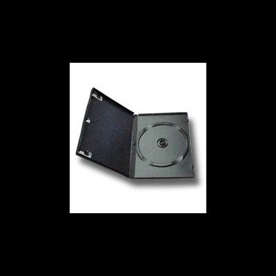 Estojo plástico preto aberto para DVD/CD com encaixe circular.