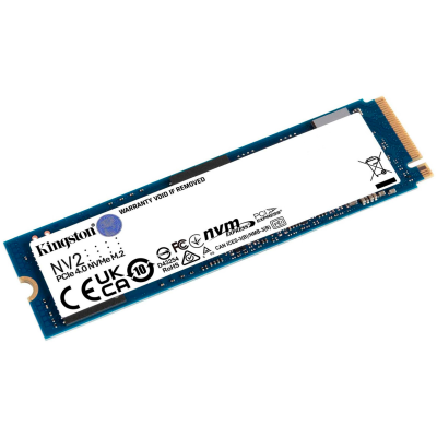 SSD Kingston NV2 M.2 PCIe 4.0 NVMe azul e branco com etiquetas e texto