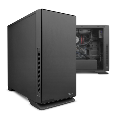 Computador desktop preto com painel frontal liso e logo ZOLYD