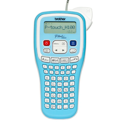 Rotulador Brother P-touch H100 azul com teclado QWERTY branco e visor LCD